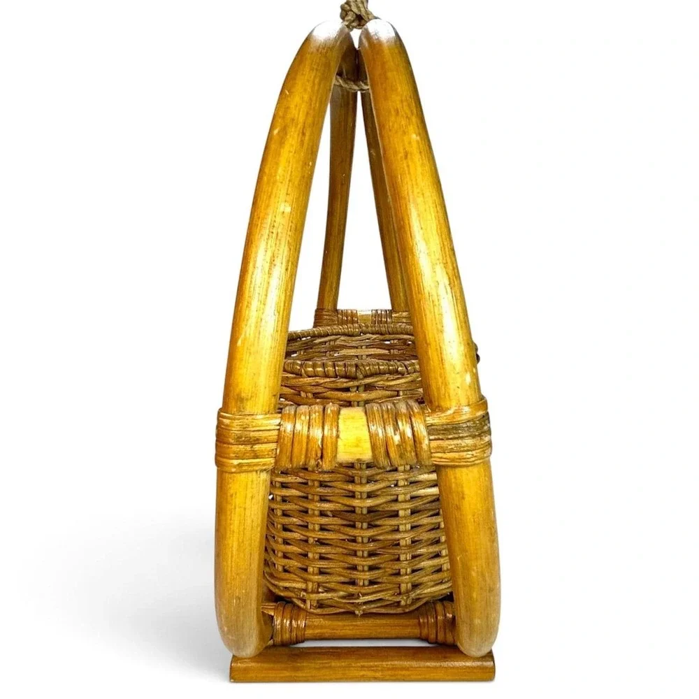 VTG Bent Bamboo Rattan Wood Hanging Basket Hoop Planter MCM/Boho 14